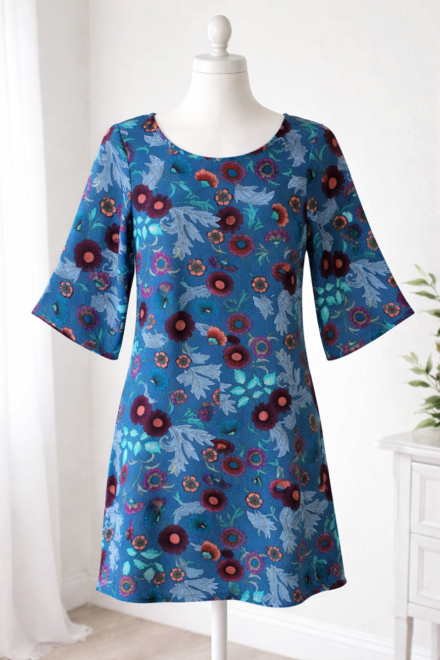 BeBop Floral Tunic Shift Dress Blue Boho Casual Chic Elbow Sleeve Women's Small